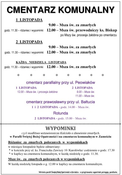 1 - 2 listopada na cmentarzach w Zamościu